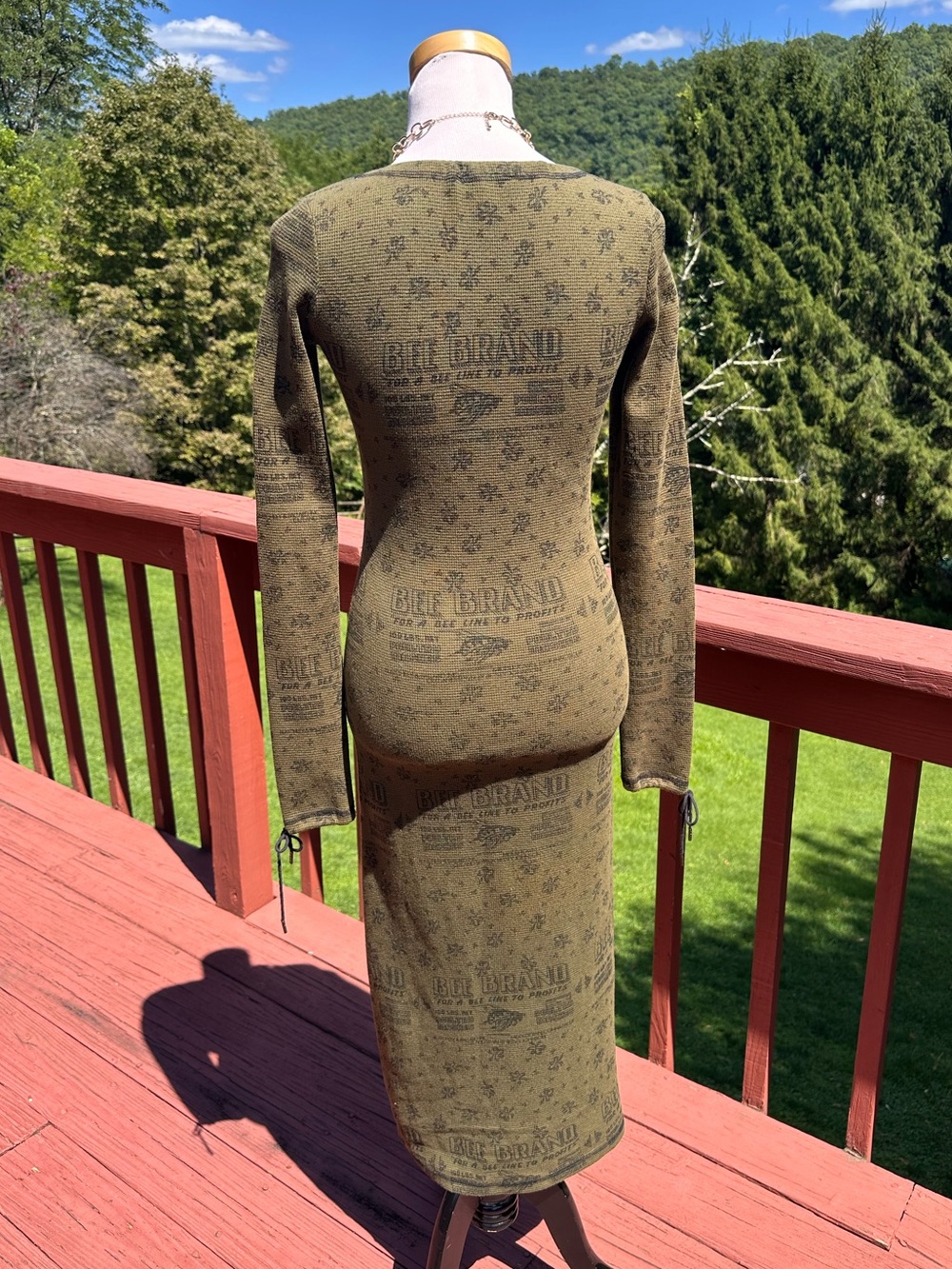 Vintage Betsey Johnson Runway Bee Brand Olive Thermal Long Sleeve Midi Dress - Picture 5 of 10